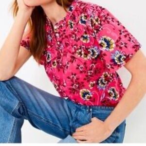 LOFT Bright Pink Floral Short Sleeve Blouse